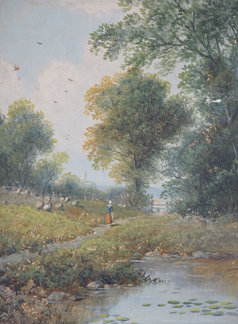 Early 19th century English school, watercolour, Portrait of a young lady, together with an oil on card, Country pathway beside a stream, largest 29 x 21cm